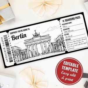 Editable Boarding Pass Berlin Ticket Template, Berlin Surprise Trip Reveal Gift, Printable Germany Vacation Flight Ticket Black and White