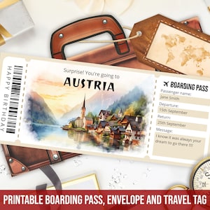 Editable Austria boarding pass template, Personalized Gift Printable Austria trip ticket template with envelope, Instant Download