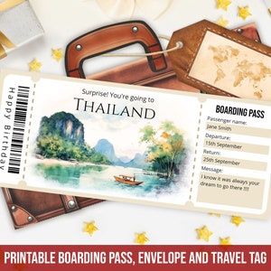Modèle modifiable de carte d'embarquement pour la Thaïlande, modèle de billet d'avion surprise imprimable personnalisé pour la Thaïlande avec enveloppe, téléchargement immédiat