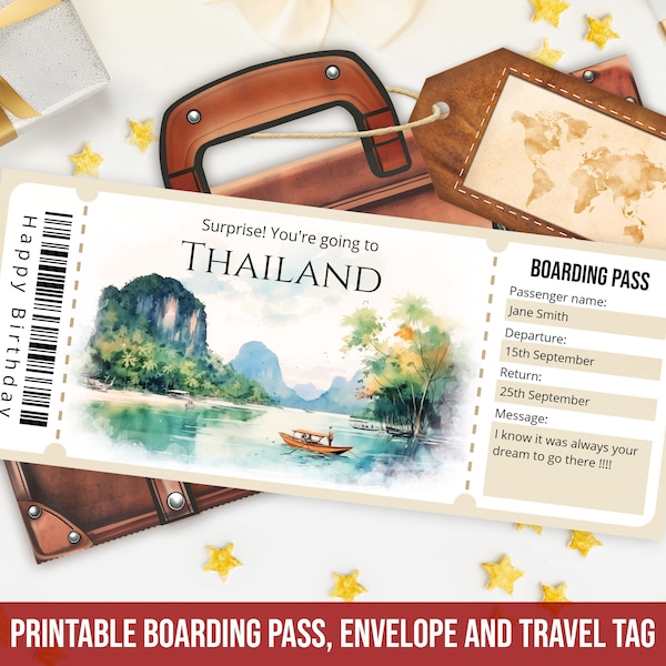 Editable Thailand boarding pass template, Personalized Printable Surprise Thailand plane ticket template with envelope, Instant Download