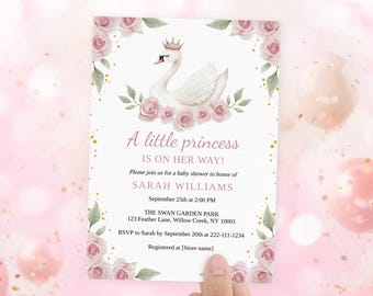 Rosa Schwan-Babyparty-Einladungsvorlage, bearbeitbare Schwan-Einladung für Babymädchen, niedliche kleine Prinzessin-Dusche laden zum digitalen Download ein