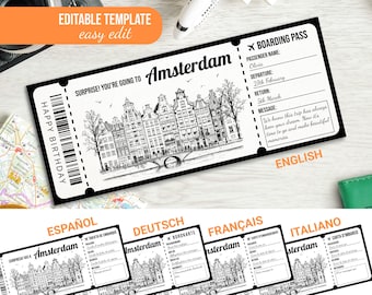 Plantilla editable de tarjeta de embarque para Ámsterdam, billete de viaje imprimible para Ámsterdam, regalo sorpresa para revelar el viaje, billete de viaje digital