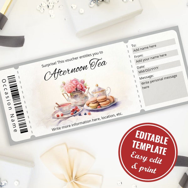 Editable Watercolor Afternoon Tea Voucher Template, Surprise Reveal Afternoon Tea Gift Certificate Template, Instant Download