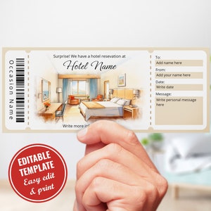 Plantilla de certificado de regalo de cupón de reserva de hotel con acuarela: personalizable e imprimible, cupón de hotel sorpresa, descarga instantánea