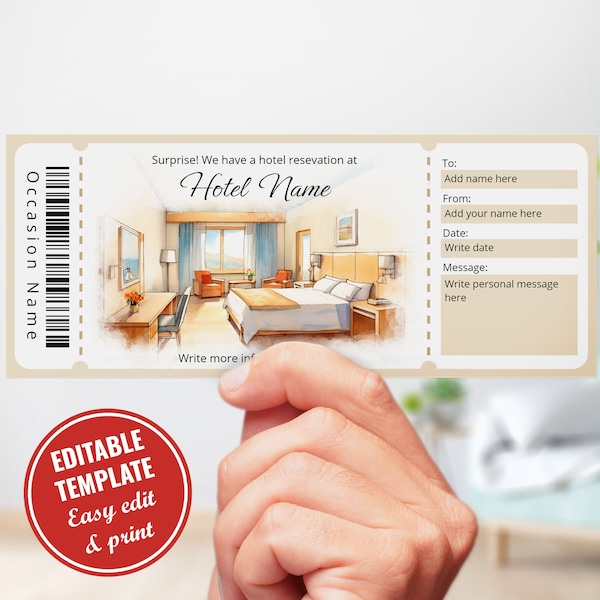 Watercolor Hotel Reservation Voucher Gift Certificate Template - Customizable and Printable, Surprise Hotel Voucher, Instant Download