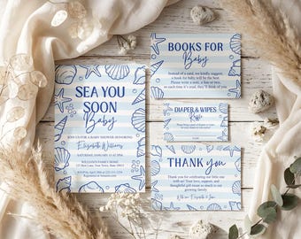 May include: A set of baby shower stationery featuring a light blue and white horizontal striped background with dark blue line art illustrations of seashells and starfish. The cards include text for an invitation, a book request, a raffle, and a thank you.