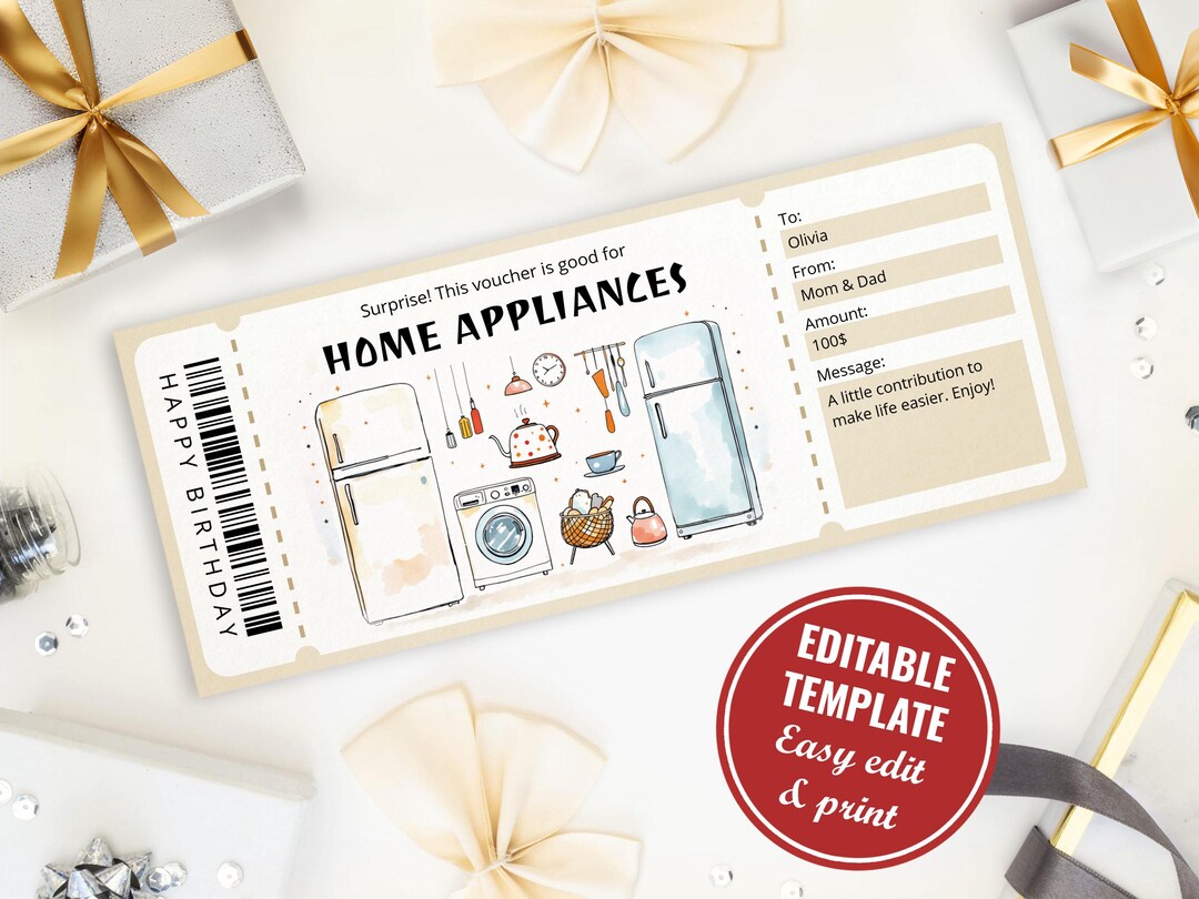 Editable Home Appliances Gift Certificate Template, Printable Surprise ...