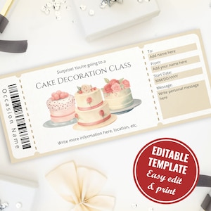 Bearbeitbare Kuchendekoration Klasse Geschenkgutschein Vorlage, Aquarell Überraschung Kuchen Icing Class Ticket für Kuchenliebhaber zum Ausdrucken zu Hause