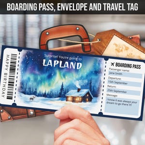 Modèle modifiable de carte d'embarquement pour la Laponie, révélation surprise de billet de voyage en Laponie aquarelle, faux billet d'avion pour la Laponie, téléchargement immédiat
