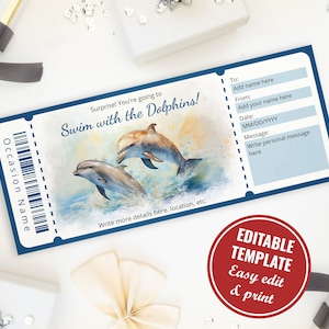 Schwimmen mit Delfinen Geschenkgutscheinvorlage für Ozean-Liebhaber, bearbeitbares Aquarell Überraschungsschwimmen mit Delfinen, Sofort-Download
