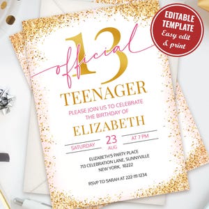 Pink 13th Birthday Invitation Template for Girl, Editable 13th Birthday Party Invite, Trendy Teen Official Teenager Invite Instant Download