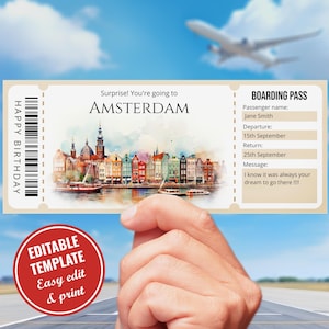 Modelo de cartão de embarque editável para Amsterdã, modelo de bilhete de viagem surpresa em aquarela para Amsterdã, passagem aérea falsa, download instantâneo
