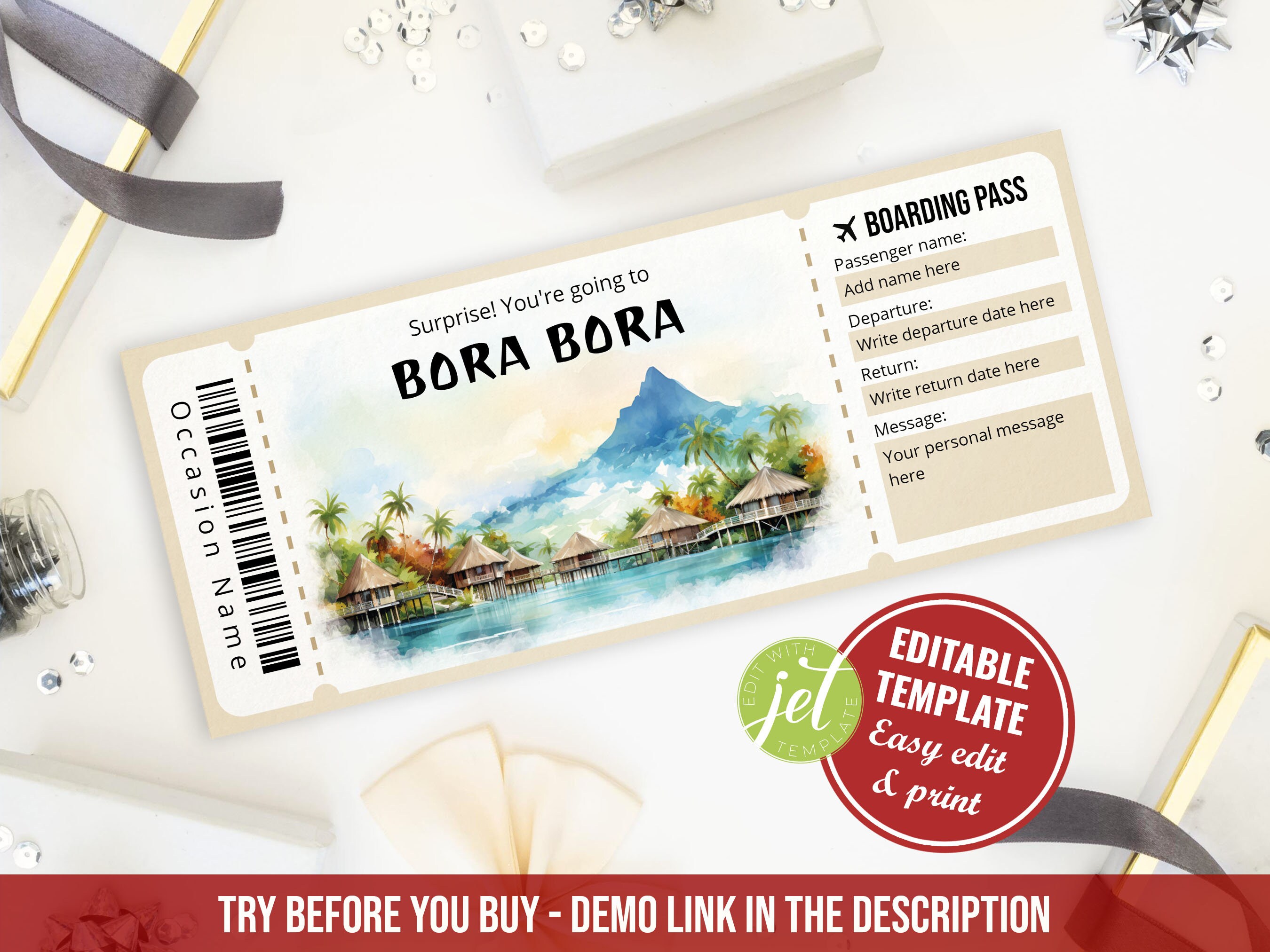 Editable Bora Bora Boarding Pass Template, Personalized Gift Printable ...