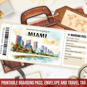 Modello modificabile di carta d'imbarco per Miami, regalo personalizzato, modello di biglietto di viaggio per Miami, Florida, Stati Uniti, stampabile con busta, download immediato