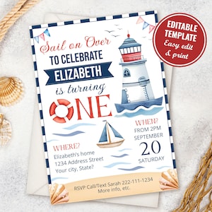 Nautical 1st birthday invitation Template, Nautical Birthday Party Invitation Editable Template, Sailor First Birthday, Instant Download