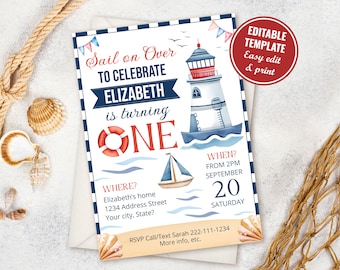 Nautical 1st birthday invitation Template, Nautical Birthday Party Invitation Editable Template, Sailor First Birthday, Instant Download