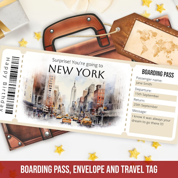 Editable New York Boarding Pass template, Personalized Printable Surprise New York plane ticket template with envelope, Instant Download