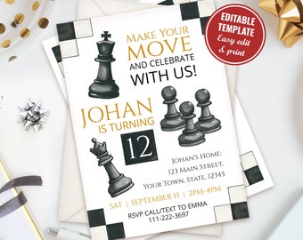 May include: Editable chess themed birthday party invitation template with a black and white checkered background. The invitation features a gold and black color scheme with the text "Make Your Move and Celebrate With Us!" and "Johan is Turning 12".