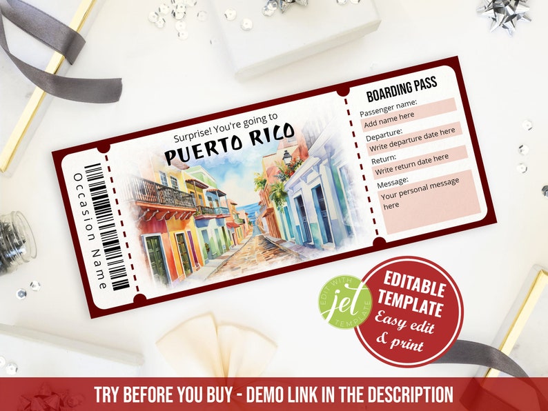 Printable Puerto Rico Boarding Pass Template, Personalized Editable