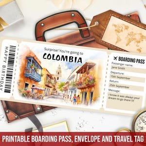 Bewerkbare Colombia-instapkaartsjabloon, Surprise-aquarel Colombia-instapkaart onthullen, nep Colombia-vliegticket, Instant Download