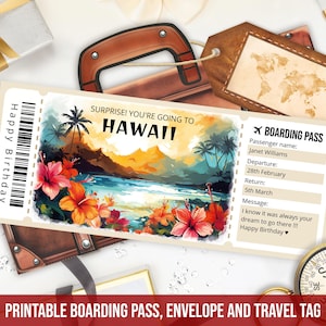 Editable Hawaii Boarding Pass Template, Printable Surprise Hawaii Trip Ticket with Envelope Template, Fake Plane Ticket Instant Download