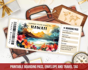 Editable Hawaii Boarding Pass Template, Printable Surprise Hawaii Trip Ticket with Envelope Template, Fake Plane Ticket Instant Download