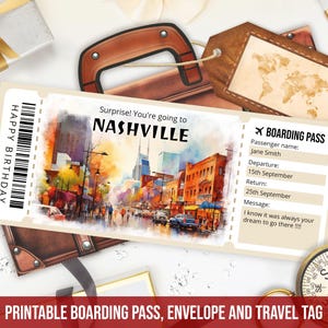 Editable Nashville Boarding Pass Template, Surprise Trip to Nashville Tennessee TN USA, Printable Fake Plane Ticket, Flight Instant Download