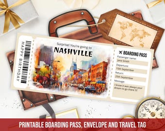 Editable Nashville Boarding Pass Template, Surprise Trip to Nashville Tennessee TN USA, Printable Fake Plane Ticket, Flight Instant Download
