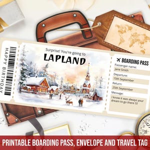 Modèle modifiable de carte d'embarquement pour la Laponie, révélation surprise de billet de voyage en Laponie aquarelle, faux billet d'avion pour la Laponie, téléchargement immédiat