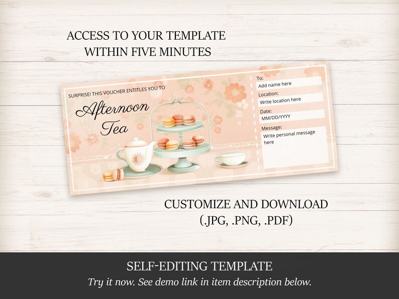 Editable Afternoon Tea Gift Certificate Template for Mom, Surprise Reveal Afternoon Tea Gift