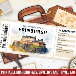 Modèle modifiable de carte d'embarquement pour Édimbourg, cadeau personnalisé imprimable Billet d'avion pour Édimbourg en Écosse avec enveloppe en téléchargement numérique