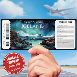 Bearbeitbare Island Bordkarte Vorlage, Überraschungs druckbare Aquarell Island Flugkarte, Reykjavík Ticket, Sofort Download