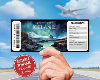 Editable Iceland Boarding Pass template, Surprise Printable Watercolor Iceland Plane Ticket, Reykjavík ticket, Instant Download