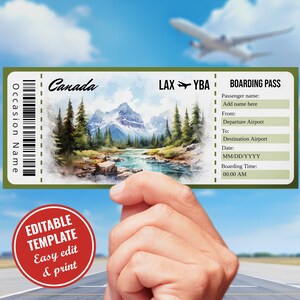 Plantilla de tarjeta de embarque editable en acuarela para viaje a Canadá, certificado de regalo de revelación de viaje sorpresa a Canadá, descarga instantánea