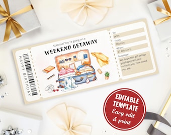 Editable Weekend Getaway Voucher Template, Printable Weekend Away Surprise Trip Reveal Ticket, Digital Download