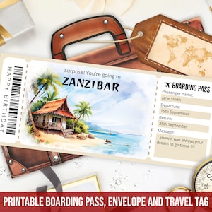 Plantilla de tarjeta de embarque editable para Zanzíbar, plantilla de boleto de viaje a Zanzíbar, Tanzania, imprimible y personalizada con sobre, descarga instantánea