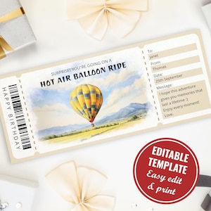 Editable Hot Air Balloon Ride Gift Certificate Template, Printable Hot Air Balloon Ticket for Birthday, Anniversary, Christmas
