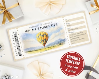 Könnte beinhalten: Eine druckbare Vorlage für ein Heißluftballon-Fahrticket mit einer Aquarell-Illustration eines Heißluftballons. Das Ticket lautet "Überraschung! Du fährst mit dem Heißluftballon." und "Alles Gute zum Geburtstag".