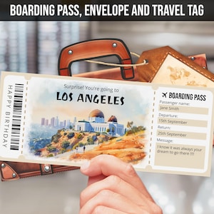 Modèle de billet cadeau surprise Los Angeles CA USA voyage révéler, carte d'embarquement LA, billet d'avion modifiable imprimable aquarelle téléchargement immédiat