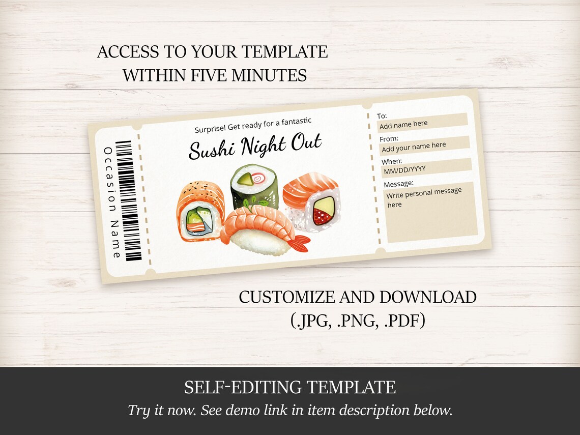 Editable Sushi Night Out Gift Certificate Template for Sushi Lover