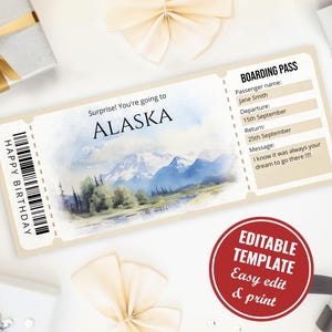 May include: A printable boarding pass template for a trip to Alaska. The template features a watercolor illustration of mountains and a lake. The text on the template reads "Surprise! You're going to Alaska" and "Happy Birthday".
