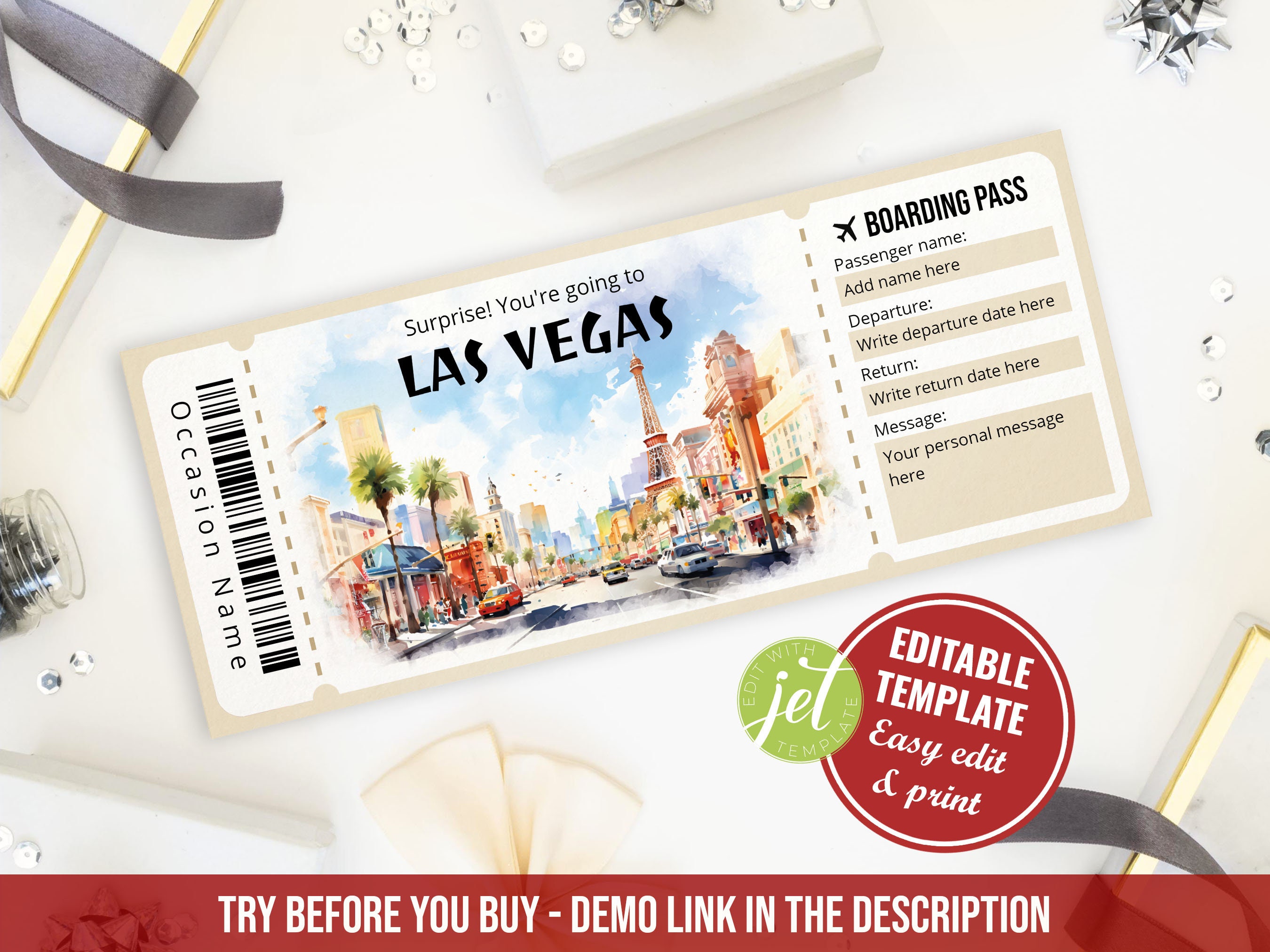 Editable Las Vegas Boarding Pass Template, Personalized Gift Printable
