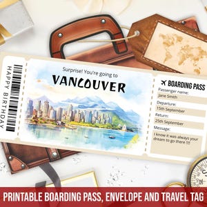 May include: Printable boarding pass, envelope, and travel tag with a watercolor illustration of the Vancouver skyline. The boarding pass has the text "Surprise! You're going to Vancouver" and "Happy Birthday". The travel tag has a world map design.