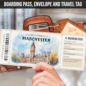 Plantilla de boleto de regalo para revelar un viaje sorpresa a Manchester, tarjeta de embarque editable para Manchester, boleto de avión imprimible para Reino Unido, descarga instantánea