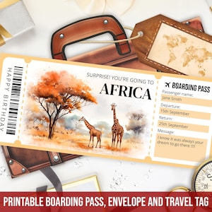 Plantilla editable de tarjeta de embarque para África Plantilla de boleto de avión para viaje sorpresa a África imprimible con sobre Regalo personalizado Descarga instantánea