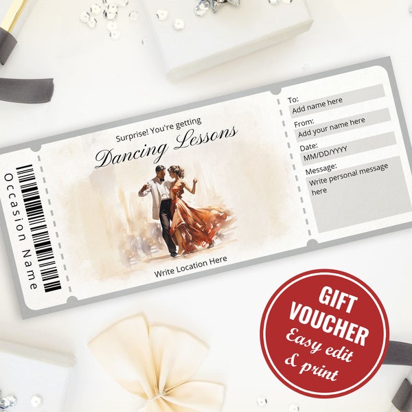 Editable Watercolor Dancing Lessons Gift Certificate Template, Printable Surprise Ballroom Dancing Class Voucher Template, Instant Download