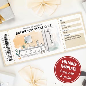 Plantilla editable de certificado de regalo para remodelación de baño, revelación de renovación de baño sorpresa imprimible, descarga digital
