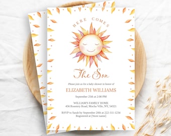 Editable Here Comes the Son Baby Shower Invitation Template, Printable Boho Sunshine Baby Shower Invite, Baby Boy Shower Evite