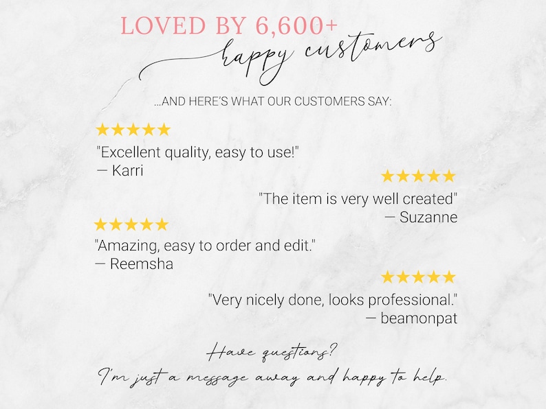 Pu&ograve; includere: Un grafico delle recensioni dei clienti con il testo LOVED BY 6,600+ happy customers e AND HERE'S WHAT OUR CUSTOMERS SAY. Mostra quattro valutazioni a cinque stelle con testimonianze di Karri, Suzanne, Reemsha e beamonpat, oltre a Have questions? I'm just a message away and happy to help.