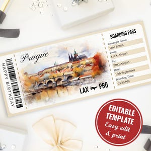 Modello di carta d'imbarco modificabile con acquerello per il viaggio a sorpresa a Praga, buono regalo a sorpresa per il biglietto di Praga, download immediato